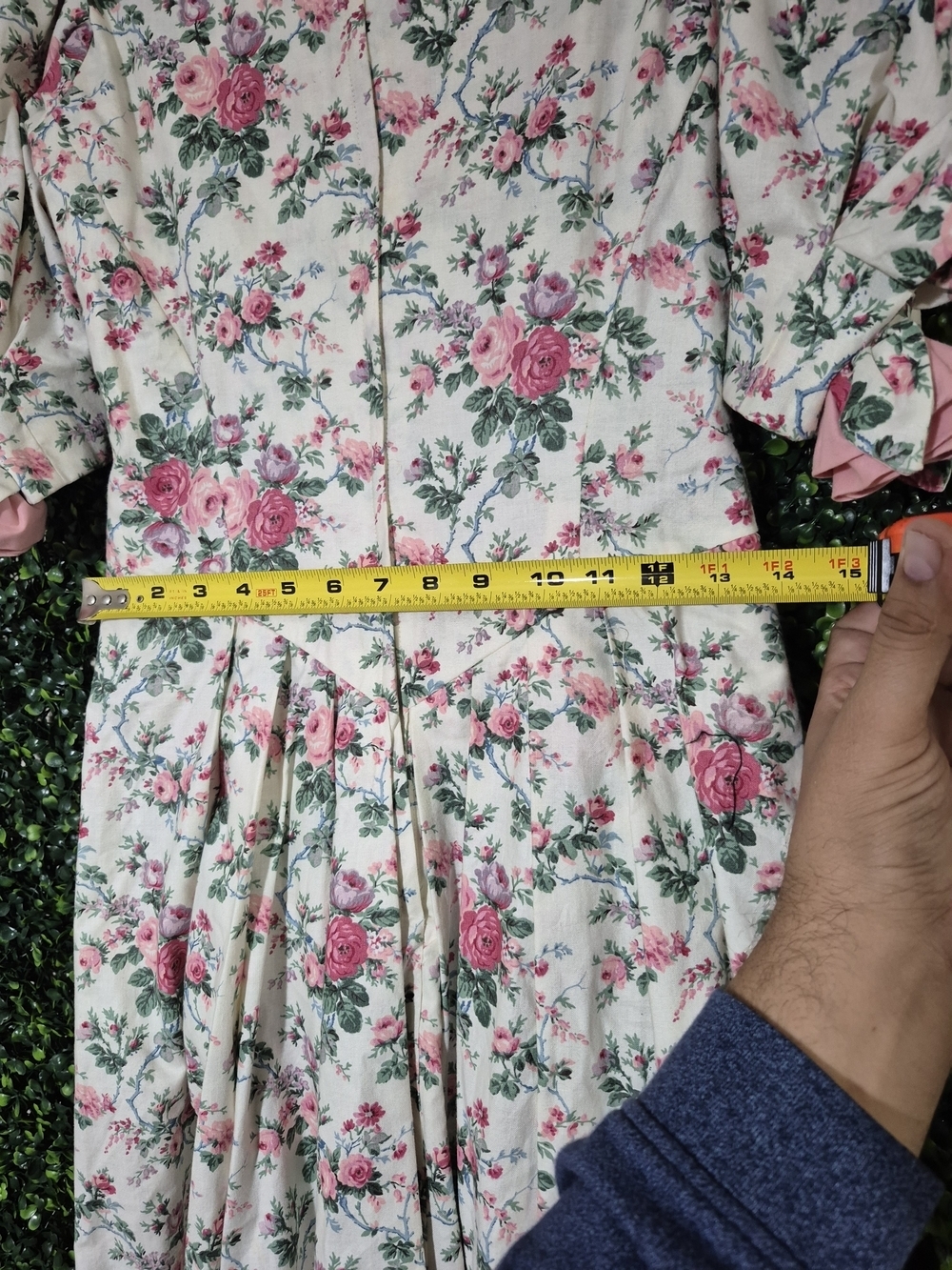 Women's Handmade Vintage Pink Floral Puff-Sleeve Midi Dress - Picture 8 of 11